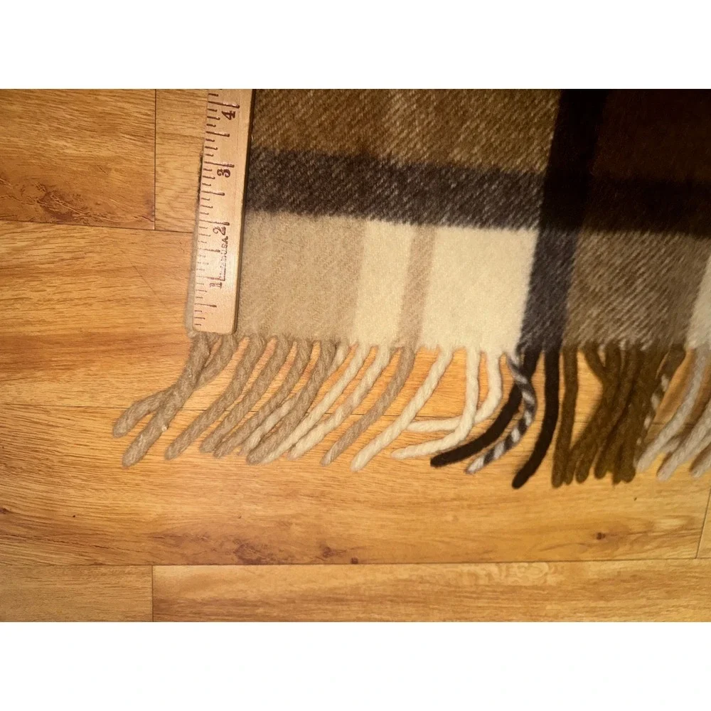 Vintage Pure Wool Plaid Throw Blanket Brown Tan Fringed Uruguay 54
